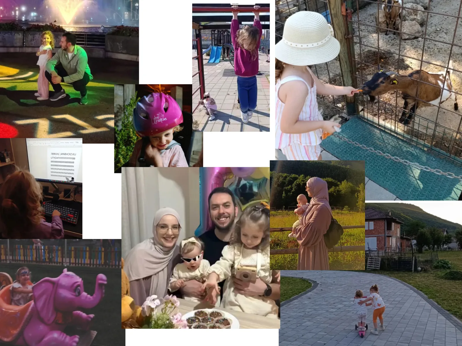 A collage of family photographs — children playing, days out, birthdays, and one afternoon at a keyboard.