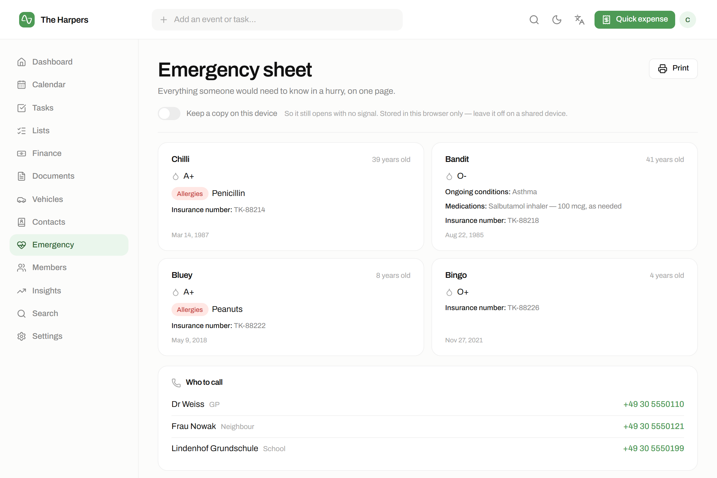 The health & emergency sheet module in isna — The emergency sheet