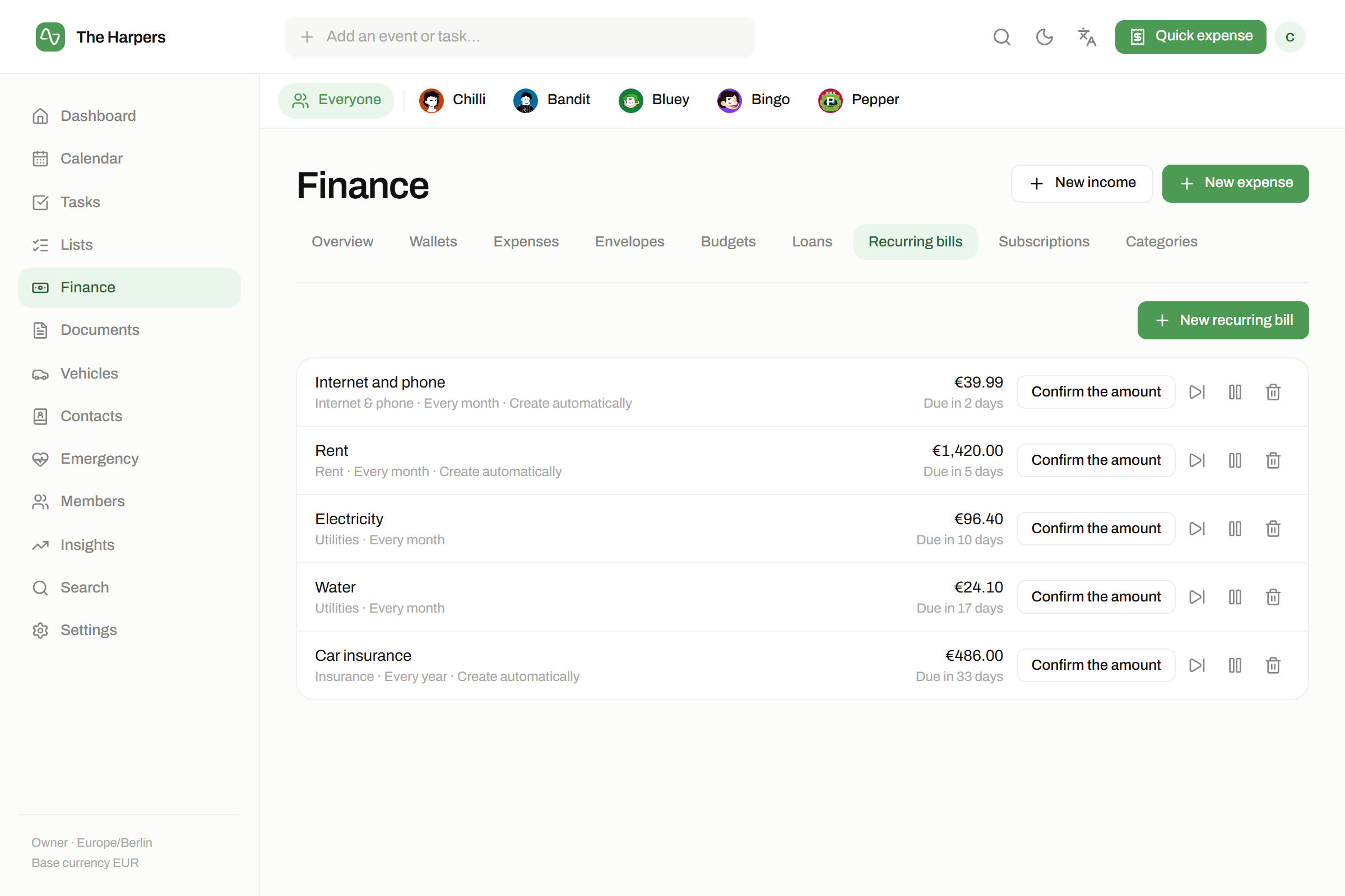 The finances module in isna — Recurring bills