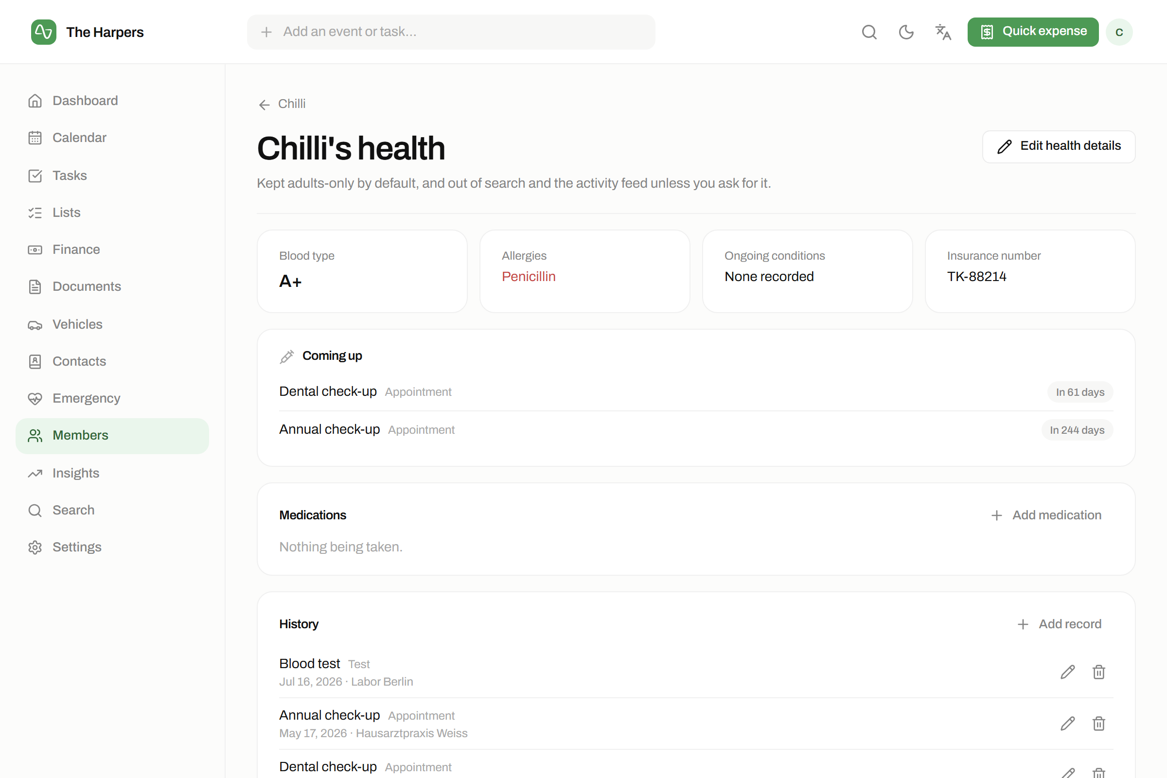 The health & emergency sheet module in isna — A record per family member