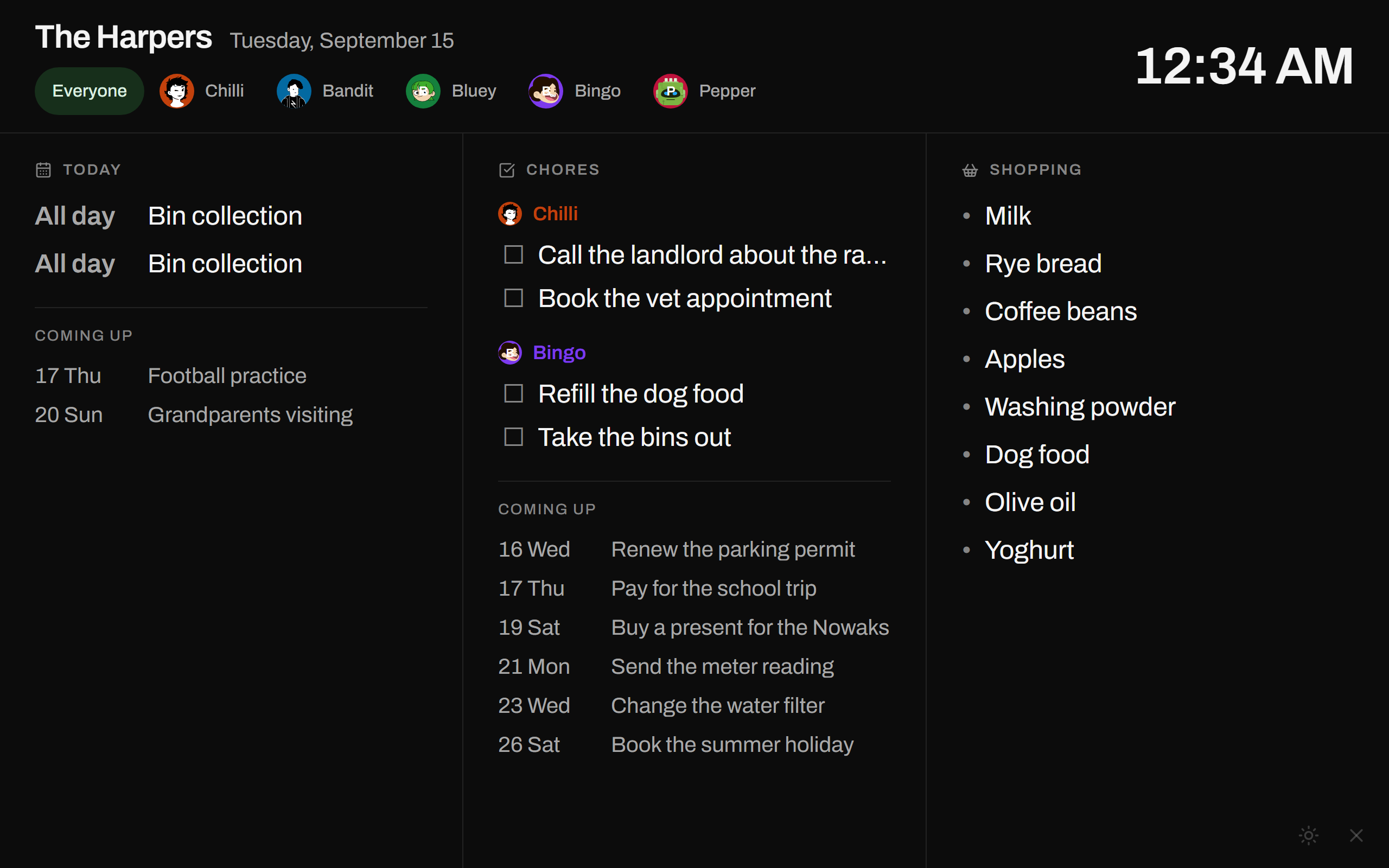 Wall tablet mode: the schedule for today, tasks by person and the shopping list