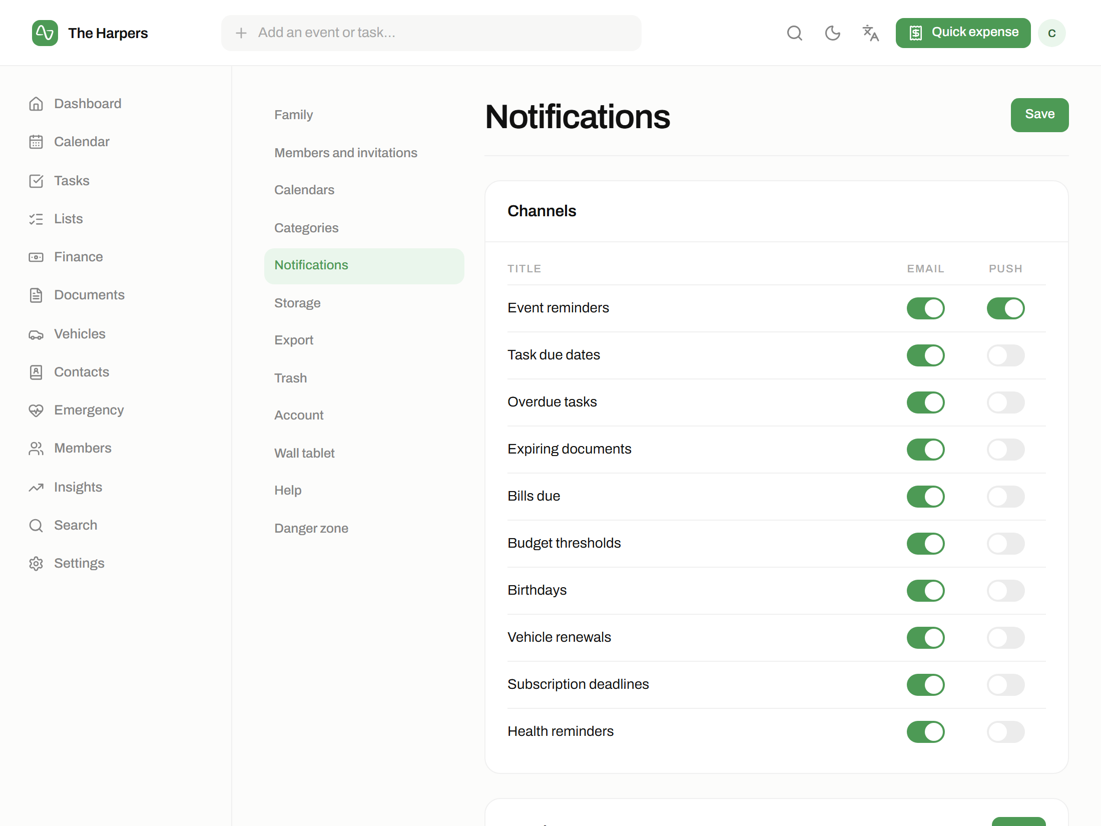 The reminder settings, with a switch for each kind of notification