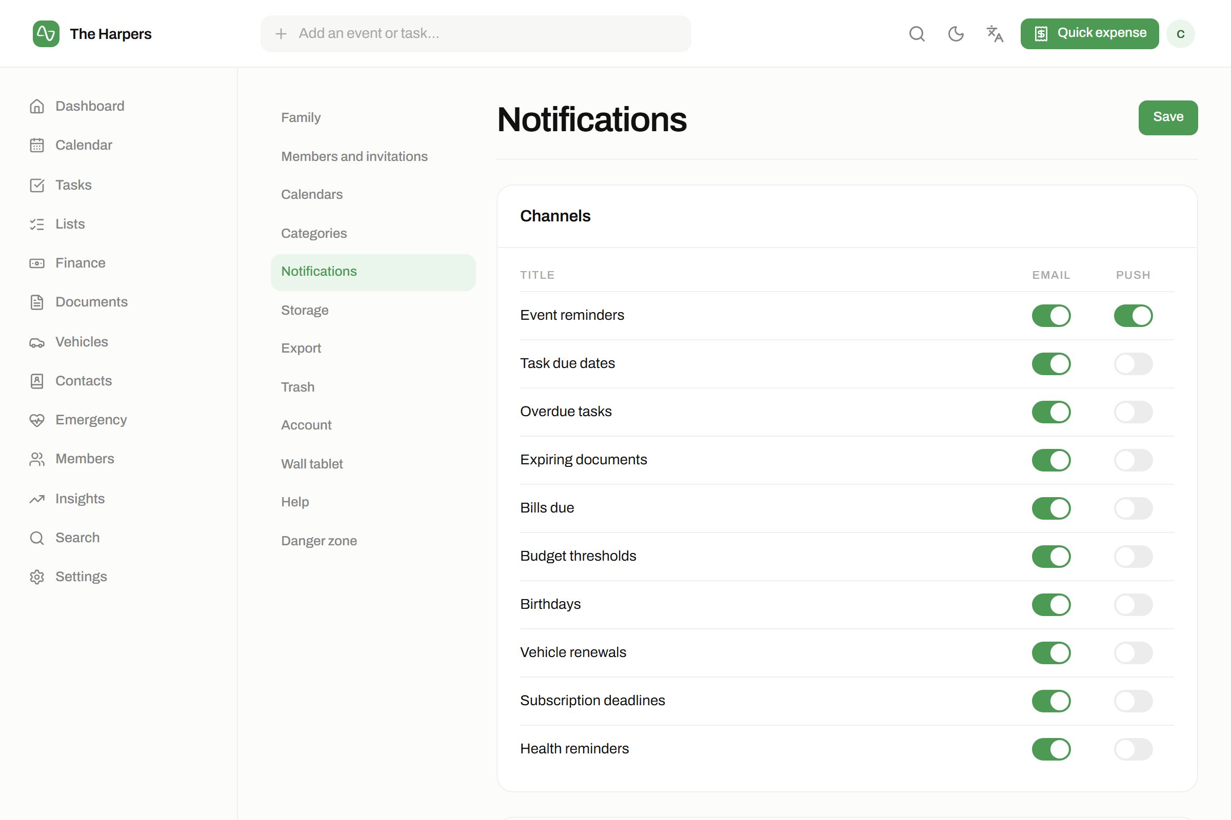 The health & emergency sheet module in isna — Reminders
